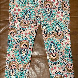 Chico's 2 So Slimming Girlfriend Ankle pants with Teal and Coral Pattern size 12